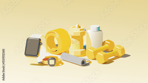 Still life of fitness equipment including dumbbells smart watch and water bottle on a yellow background