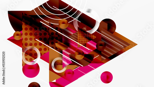 Abstract geometric design. Brown, pink hues dominate composition. Circles, rectangles create dynamic visual effect. Modern style.