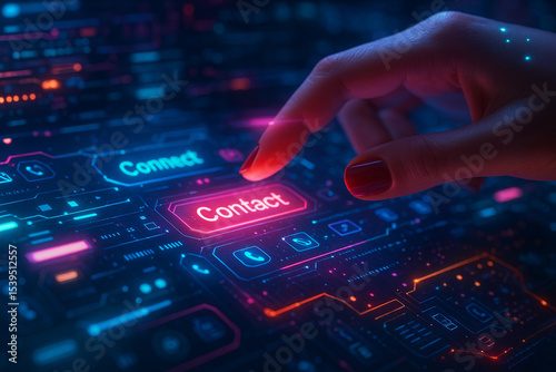 AI generated image of a human hand interacting with a glowing digital interface, pressing a neon โ€Contactโ€ button in a sci-fi control environment