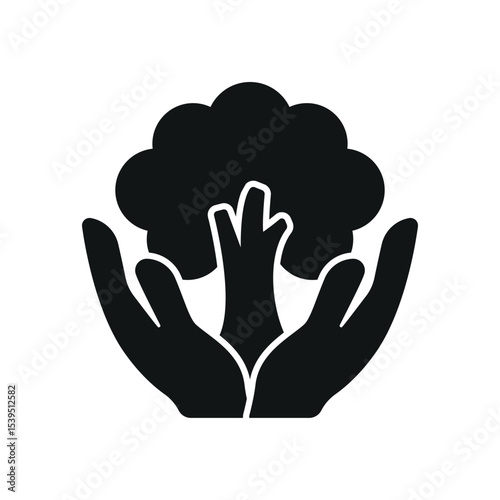 Solid glyph icon of tree in hands, ideal for climate, reforestation, and green care apps.