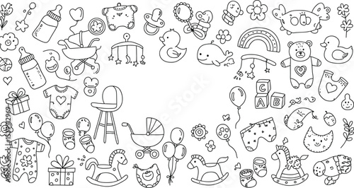 Baby doodle icon set in hand-drawn black and white style, featuring toys, bottles, strollers, clothes, and accessories, perfect for baby shower, nursery, and design use.