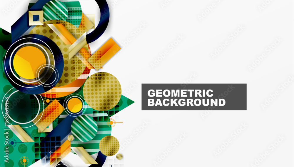 Obraz premium Abstract geometric shapes, vibrant colors, modern design. Overlapping circles, squares, lines create dynamic composition. Clean aesthetic.