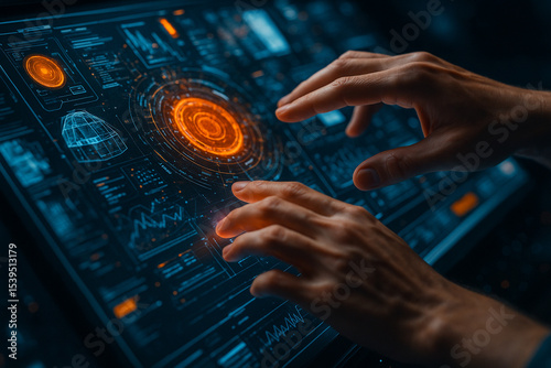 AI generated image of two human hands interacting with a glowing sci fi holographic touchscreen interface showing data charts circular HUD elements and system commands in a high tech control center.