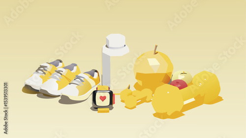 Still life of fitness and health items including shoes, water bottle, watch, fruits and dumbbells
