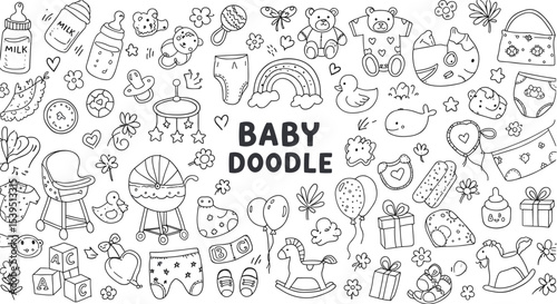 Hand drawn baby doodle icon collection with toys, clothes, bottles, and accessories, black and white vector set for nursery, design, printing, scrapbooking, and decoration.