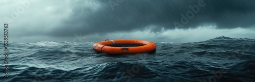 Orange life raft in turbulent stormy sea