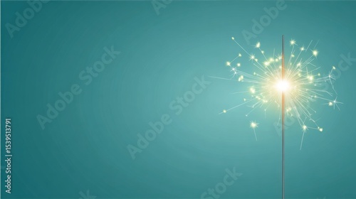 Single Sparkler Burning Brightly Against a Teal Background