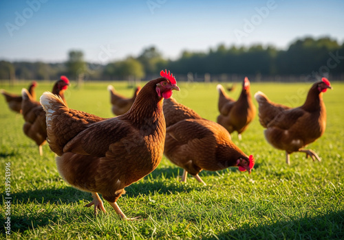 Free-range hens enjoying a sunny pasture, showcasing vibrant plumage and healthy farm life.
