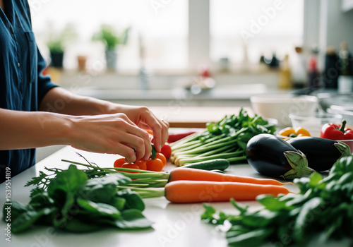 Woman preparing healthy meal with fresh vegetables carrots spinach eggplant cooking
