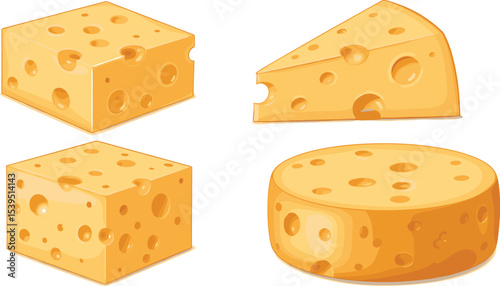 Collection of different cheese types isolated on white background, including Swiss cheese blocks, cheese wedge, round cheese wheel, dairy food illustration, perfect for culinary design projects