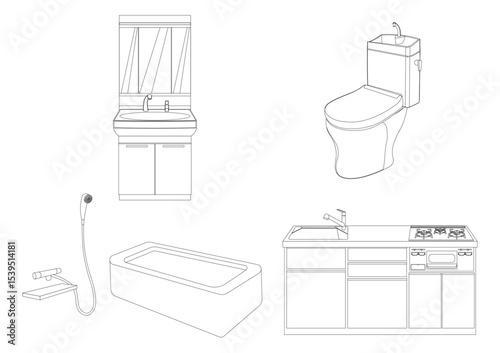 洗面台とトイレと風呂とガスレンジの水廻りの線画セット