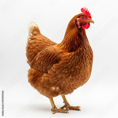 A Rhode Island Red hen a beautiful brown chicken breed stands against a white background showcasing its rich plumage and vibrant comb.