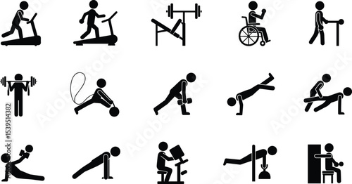 Fitness training icons, stick figure exercise silhouettes, workout vector set, gym activity illustration, weightlifting, treadmill running, physical therapy, rehabilitation, inclusive health, 