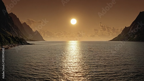 Golden sunset over a tranquil fjord.