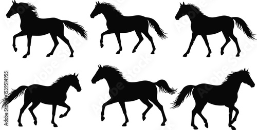 Set of black horse silhouettes, galloping running standing walking pose, vector illustration, wild animal icon, equine shape design graphic