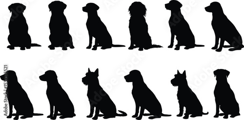 Black dog silhouettes set, sitting dog poses, pet animal collection, vector illustration, domestic dog icons, editable canine shapes design