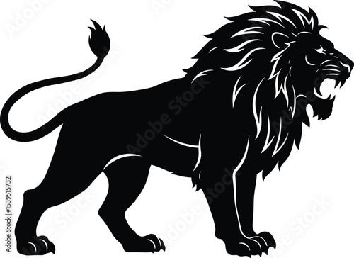Roaring lion silhouette vector, majestic wild animal, fierce predator illustration, jungle king symbol, powerful feline pose, black lion graphic