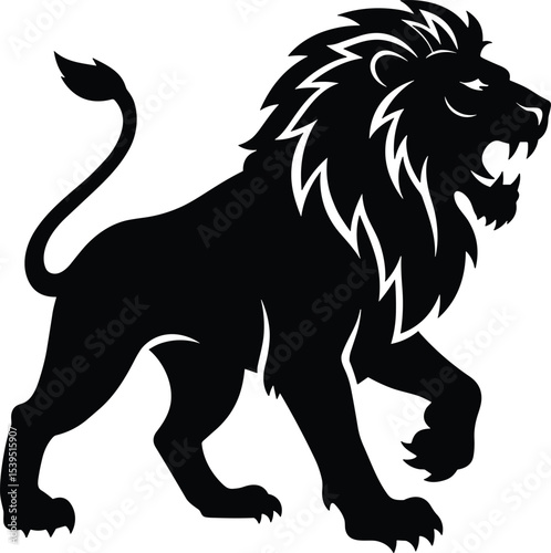 Lion silhouette vector illustration, black majestic lion graphic, roaring wild animal design, jungle king icon, bold feline artwork, powerful stance