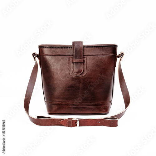 Beautiful dark brown leather shoulder bag for women isolated on white background, perfect for leather products catalog design