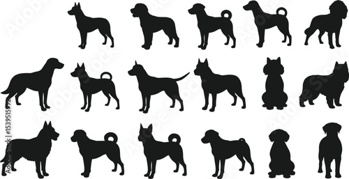 Dog silhouette vector illustration, multiple dog breed poses, black canine icons, pet animal shapes, domestic dog collection, cartoon style graphic