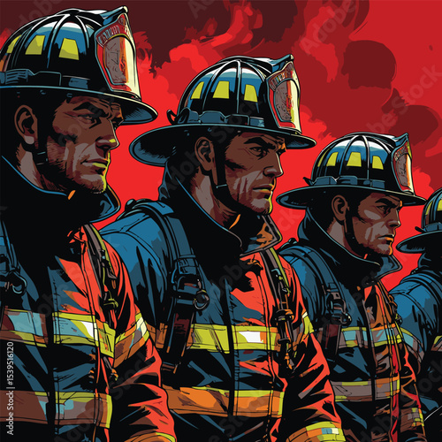 firefighter vector art illustration with red fire background