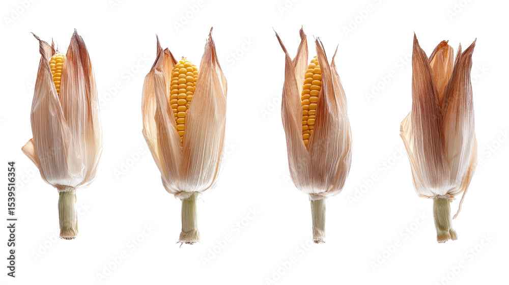 Obraz premium Fresh sweet corn cobs with husks Transparent background, PNG