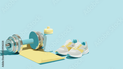 A still life featuring a dumbbell, a water bottle, a mat, and a pair of running shoes on a light blue background