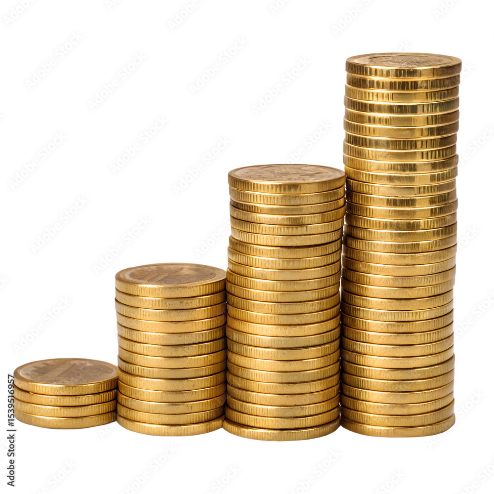 Gold coin stacks growing graph isolated on transparent background Gold coin stacks growing graph isolated on transparent background