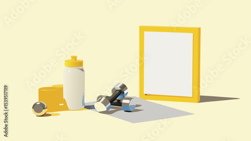 Still life featuring dumbbells water bottle frame and exercise ball on a light yellow surface