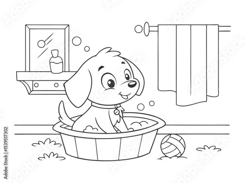 Cute puppy taking a bath. Dog grooming. Black and white vector illustration for coloring book
