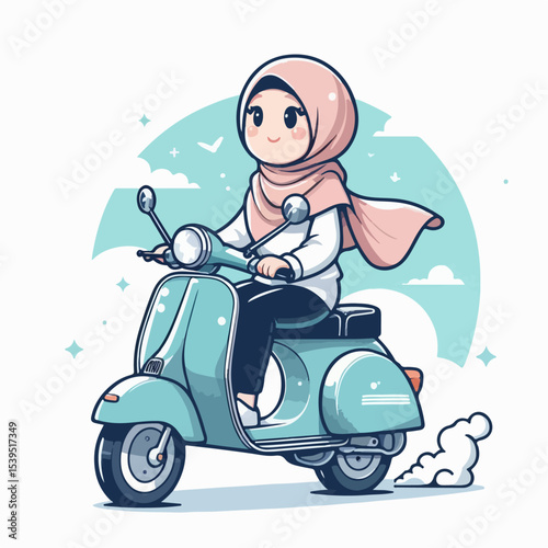 vector illustration of hijab woman riding vespa