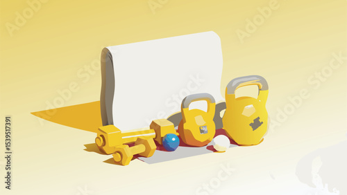 Still life of fitness equipment including weights dumbbells and a blank notepad on a yellow background