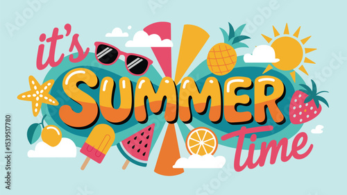colorful summer time illustration featuring tropical fruits, ice cream, sunglasses, and beach icons for seasonal designs and promotions