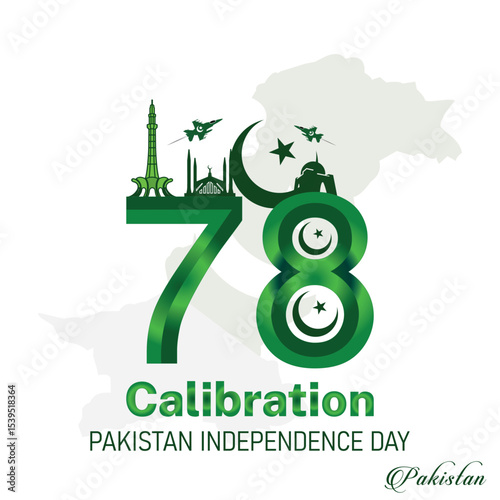 Pakistan Independence Day with miner e Pakistan, cloud, tree, fasil mosque, tree, moon, star, typographic, with green background 