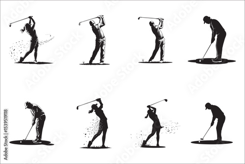 Golfer Swing Silhouette Design

Professional Golfer Vector Art

Golf Club Swing Illustration

Dynamic Golf Pose Silhouette

Tee Off Golfer Clipart Graphic