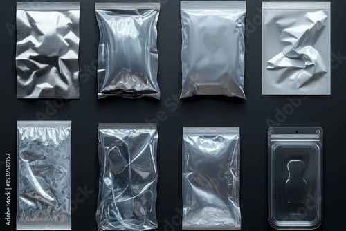 Various empty foil and plastic packaging bags and blister pack displayed in a grid on a dark surface with different textures and shapes