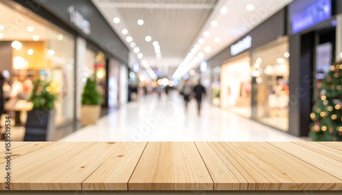 Wooden table with blurred shopping mall.