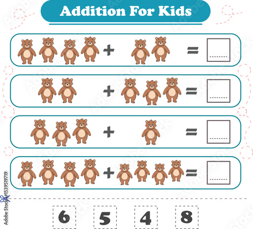 Addition for children. Addition with bear. Worksheets for children. Vector illustration