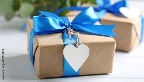 Wrapped gifts with blue ribbon.