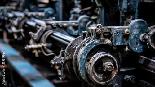 Industrial printing press in full operation, showcasing intricate machinery details. Precision and efficiency in modern manufacturing.