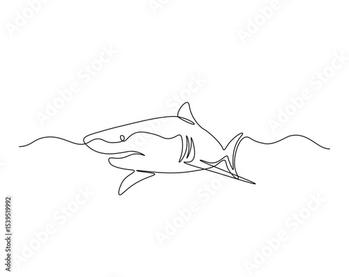 Shark in the ocean outline drawing illustration. one continuous line drawing of shark.