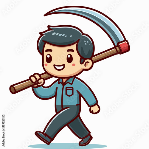 cartoon vector illustration of a person carrying a sickle