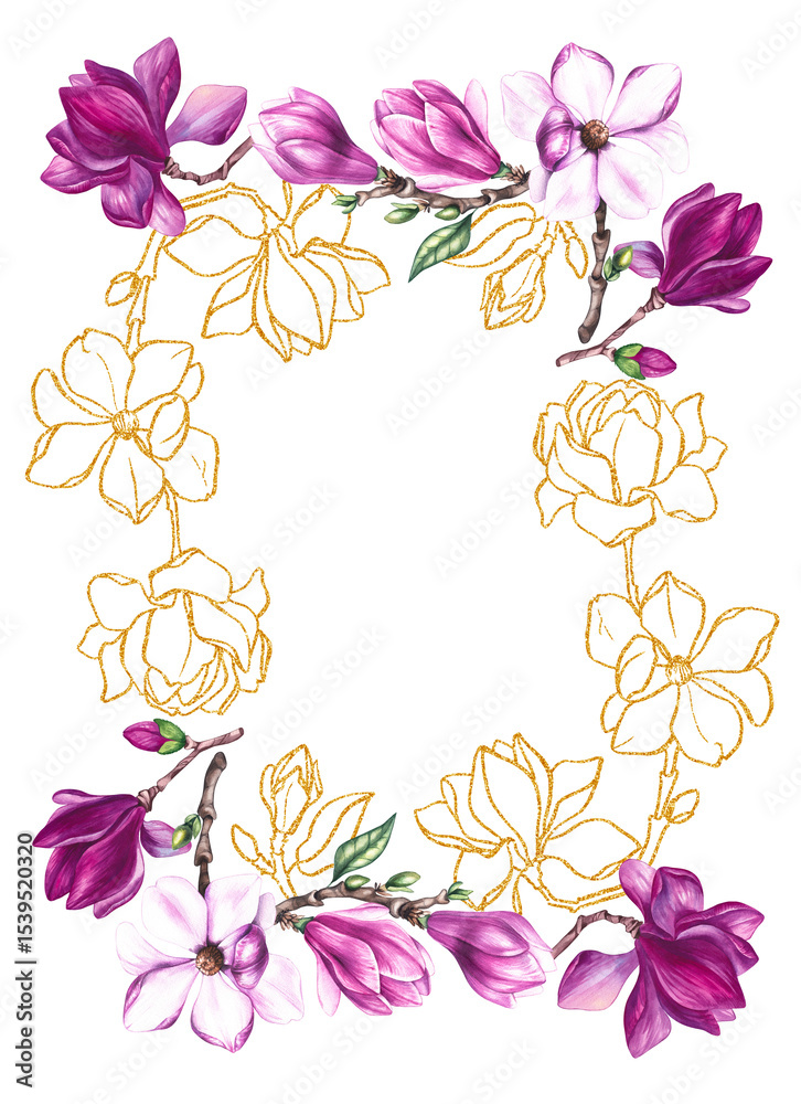 Magnolia pink with gold flower frame rectangular on white. Watercolor botanical magnolia illustration. Illustration for design cards, invitations and branding. Tropical plant magnolia Magnolia pink with gold flower frame rectangular on white. Watercolor botanical magnolia illustration. Illustration for design cards, invitations and branding. Tropical plant magnolia