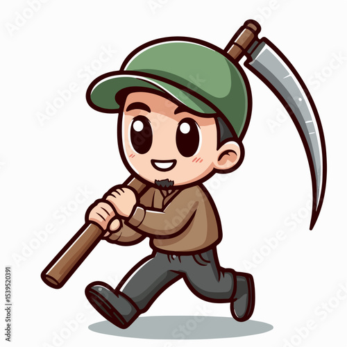 cartoon vector illustration of a person carrying a sickle