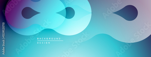 Abstract background features flowing shapes, vibrant blues, purples, grays. Modern design with smooth gradients, dynamic composition.