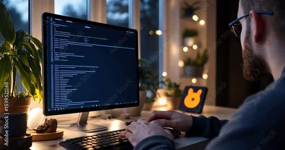 Man codes on computer in home office at night. Warm lighting, plants, and a minimalist desk setup create a cozy atmosphere