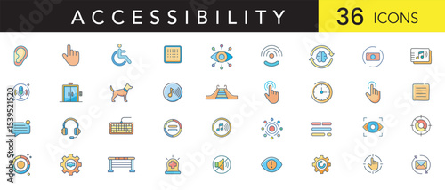 Accessibility flat color Icon Set – Minimal Outline Icons of Inclusive Design, Assistive Devices, and Universal Access Features