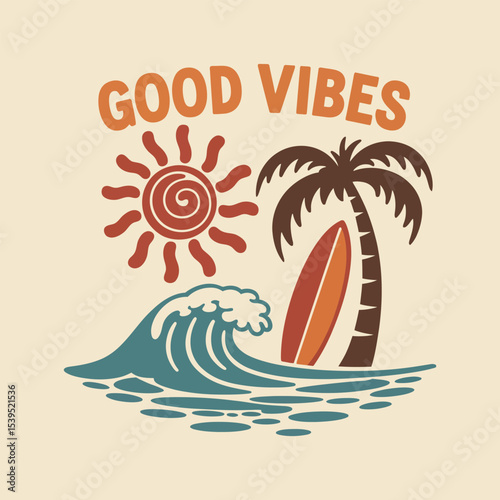 Retro illustration featuring a sunny beach scene with a good vibes motivational message.