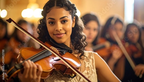 Young violinist orchestra portrait.