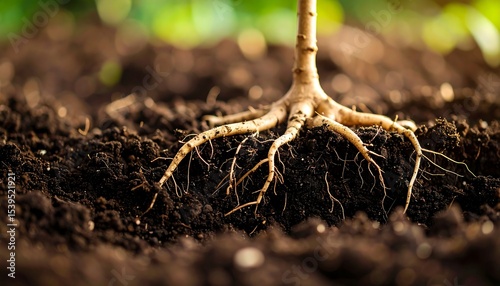 Young tree roots in rich soil.